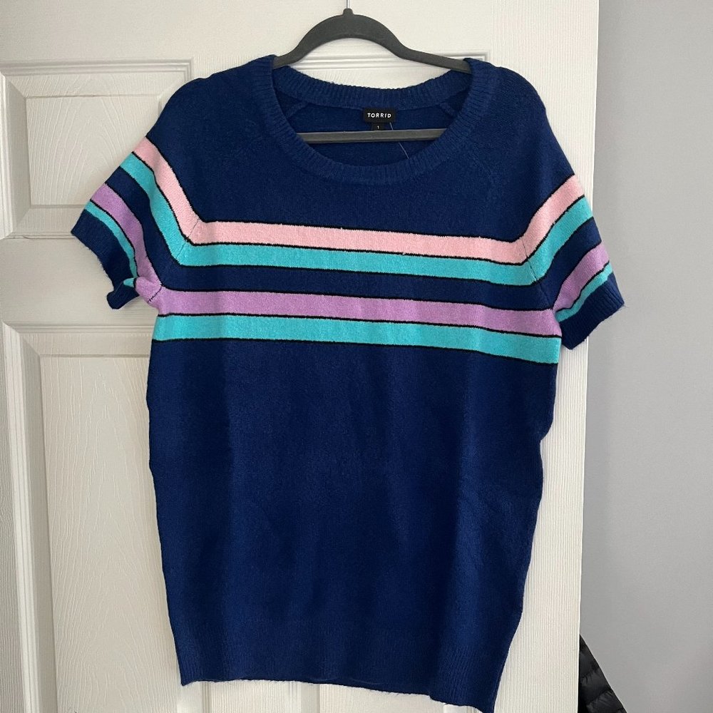 Torrid Navy Stripe Short Sleeve Raglan Sweater - Size 1 (14-16)